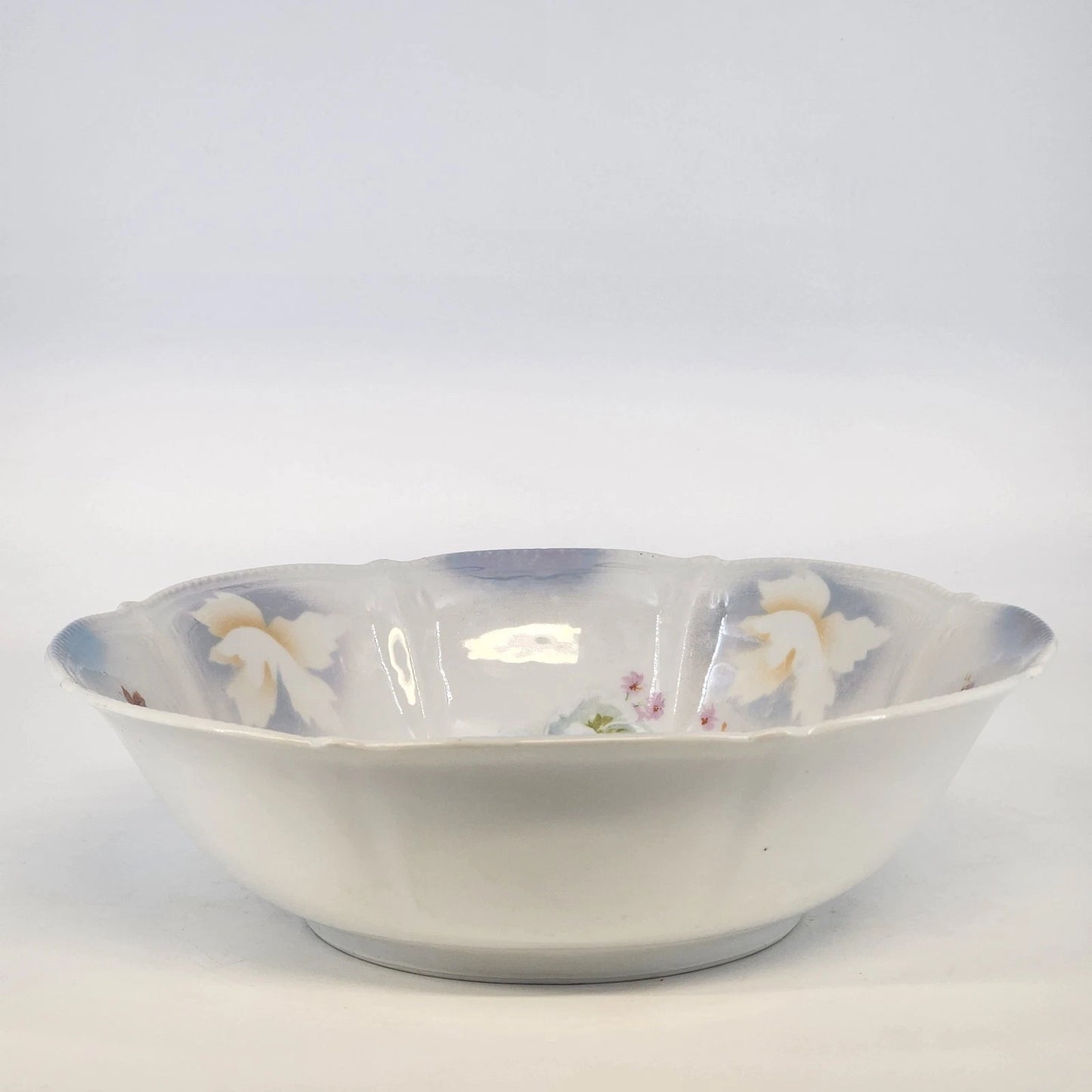 German Transferware Serving Bowl Roses Floral Scalloped Beaded Rim 10.5" Antique