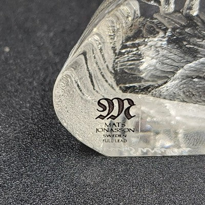 Etched Swan Paperweight Lead Crystal Glass Mats Jonasson Sweden Signed