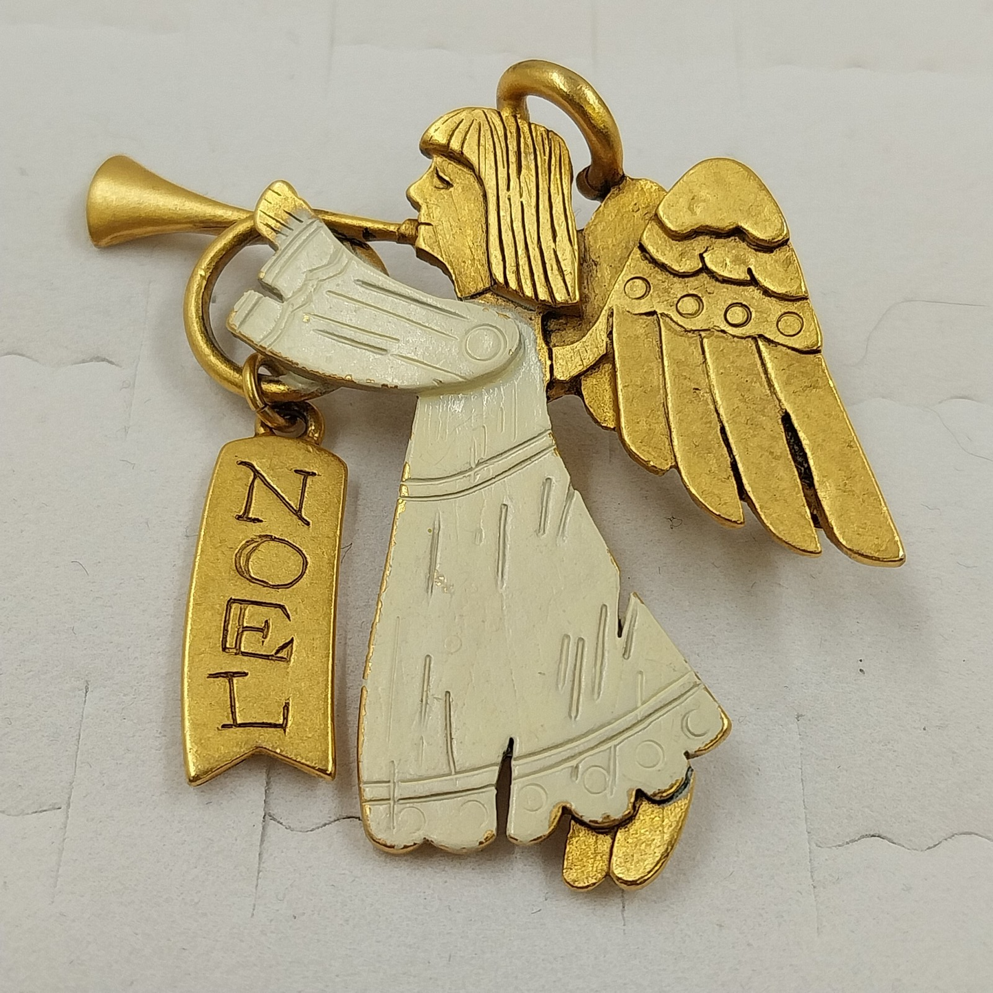 Danecraft Gold Tone and White Enamel Noel Angel Brooch Lapel Pin Signed Vintage