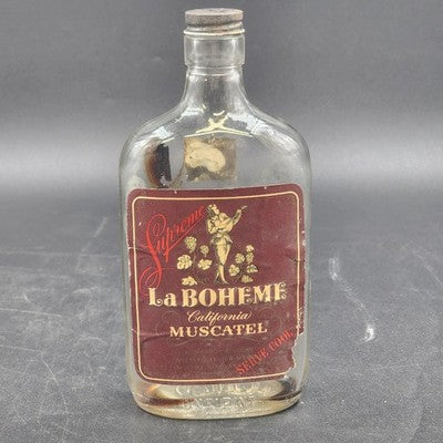 Rare Empty Supreme La Bohème California Muscatel Pint Glass Bottle Paper Labels
