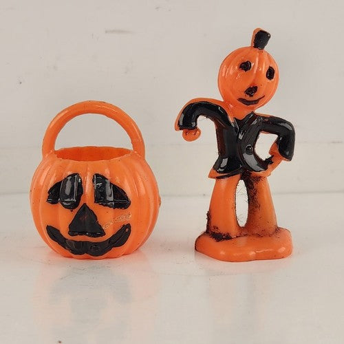 4 Pc Halloween Scarecrow Pumpkin Hard Plastic Honeycomb Paper Decoration 1970's