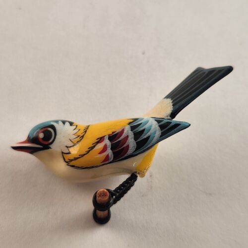 Japanese Takahashi Hand Carved Bird Brooch Pin Hand Painted Vintage