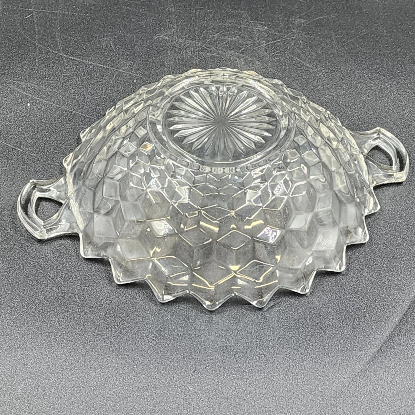 Fostoria American Clear Serving Bowl 8.75" w 2 Handles Cubist Design Glass Vtg