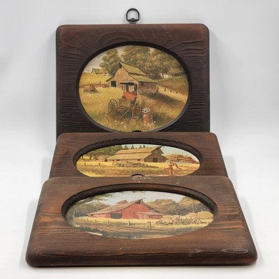 Set of 3 Old Country Farm Pictures Rustic Farmhouse Wall Art Mounted on Wood 12.5"x10.5"