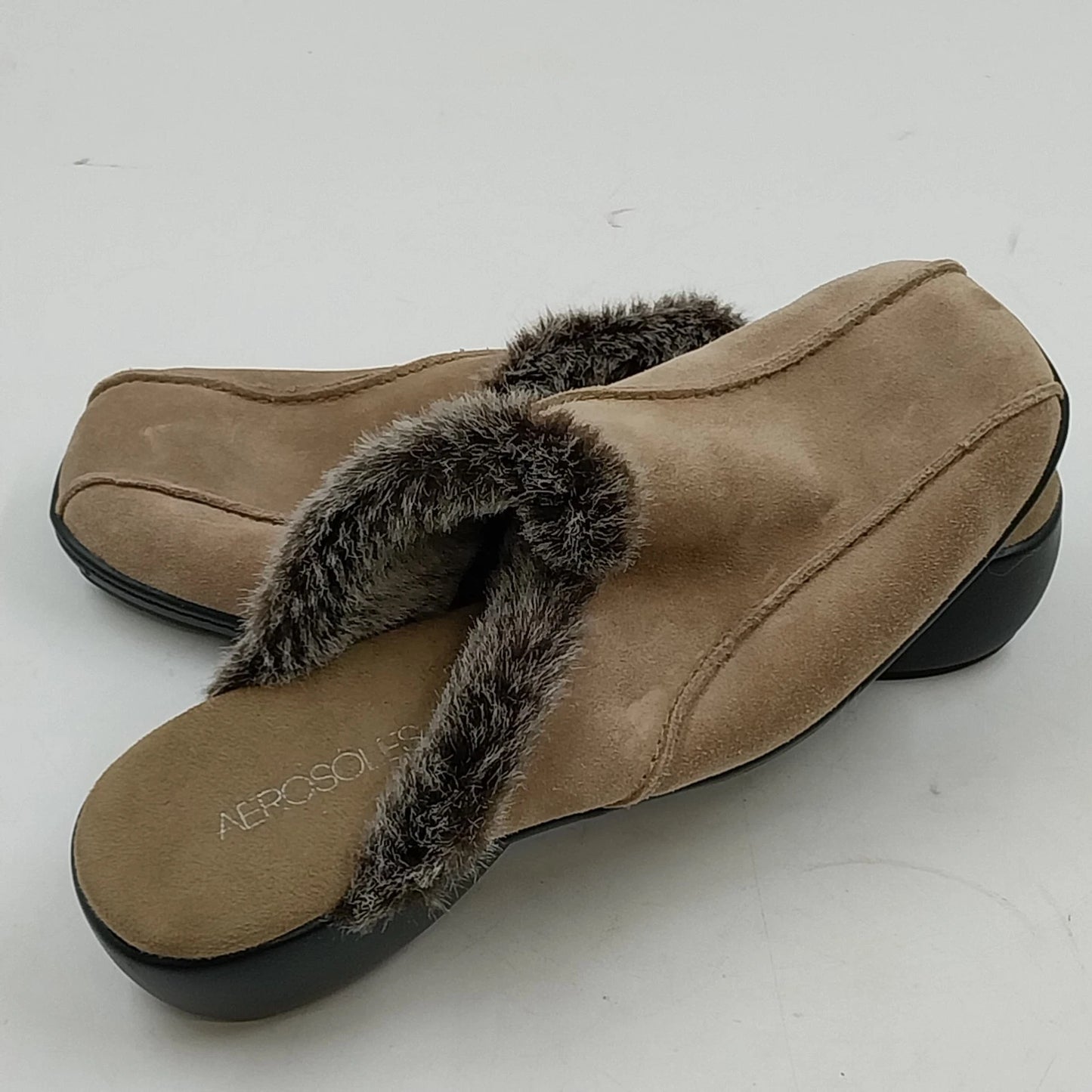 Suede Clog Shoes Women Size 8M Fur Trim Slip-On Aerology by Aerosoles Beige Faux