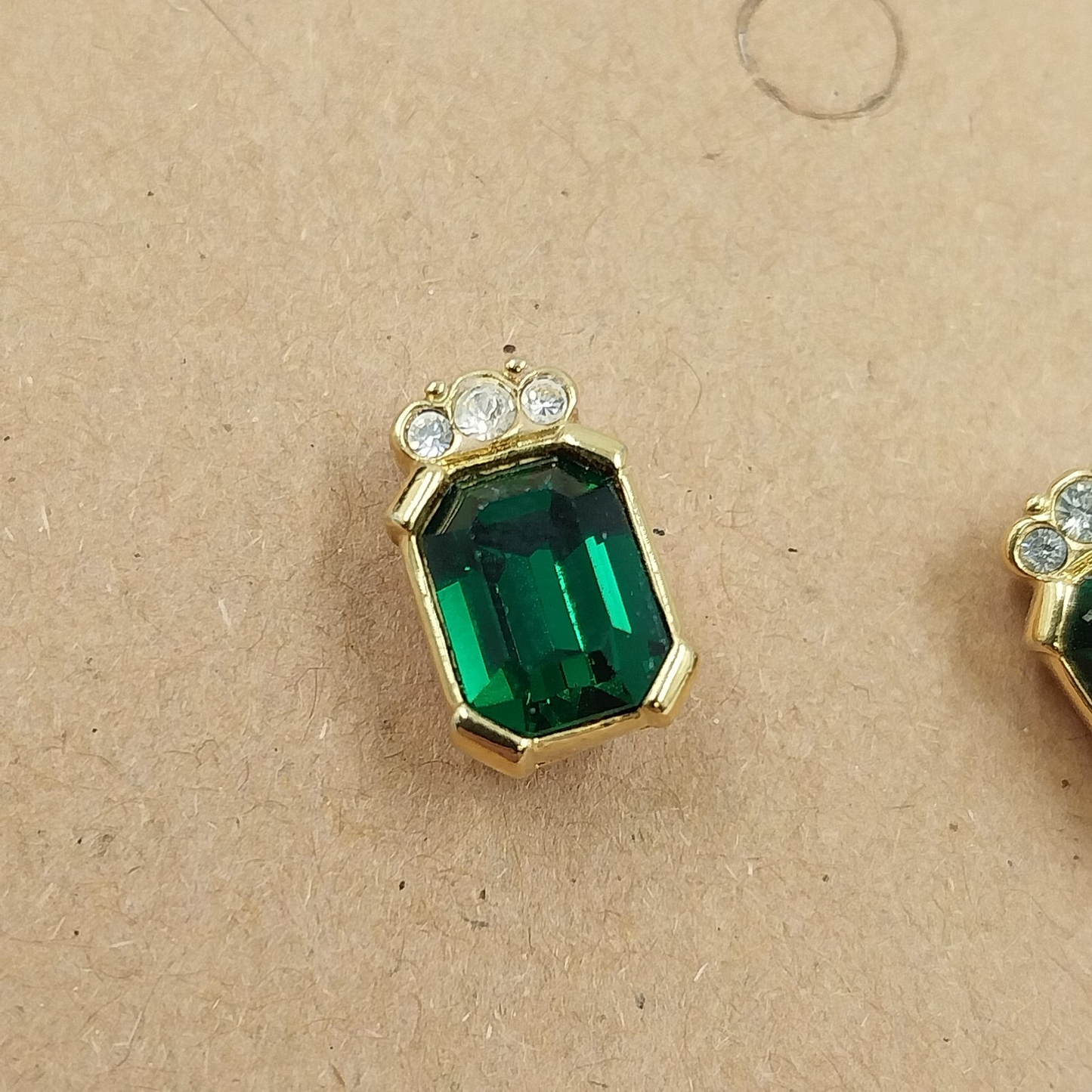 Gold Tone Emerald Cut Green & Clear Rhinestone Earrings Vintage