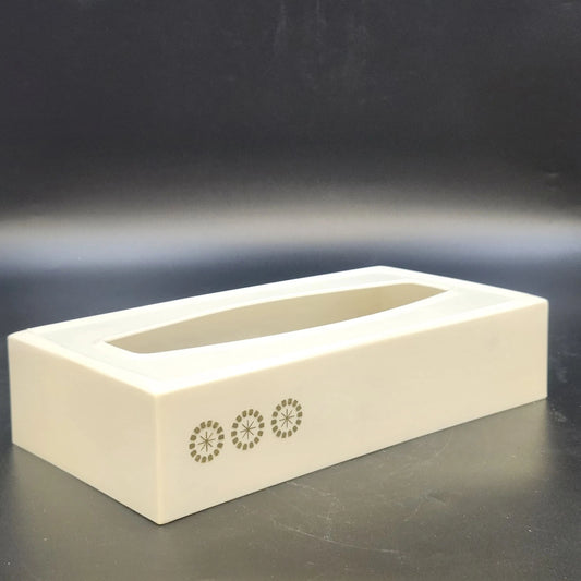 Vintage white Rubbermaid tissue box cover with atomic starburst accents