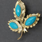 Gold Tone Leaf Brooch Blue Faux Turquoise Marquise Cabochon Floral Pin Vintage