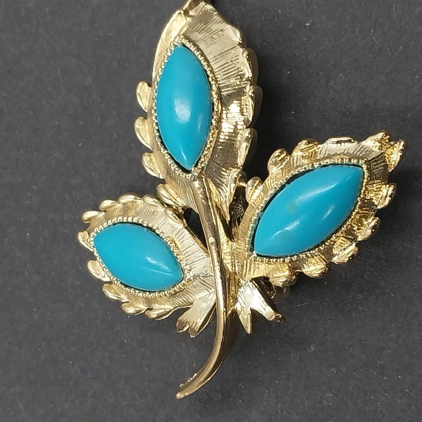 Gold Tone Leaf Brooch Blue Faux Turquoise Marquise Cabochon Floral Pin Vintage