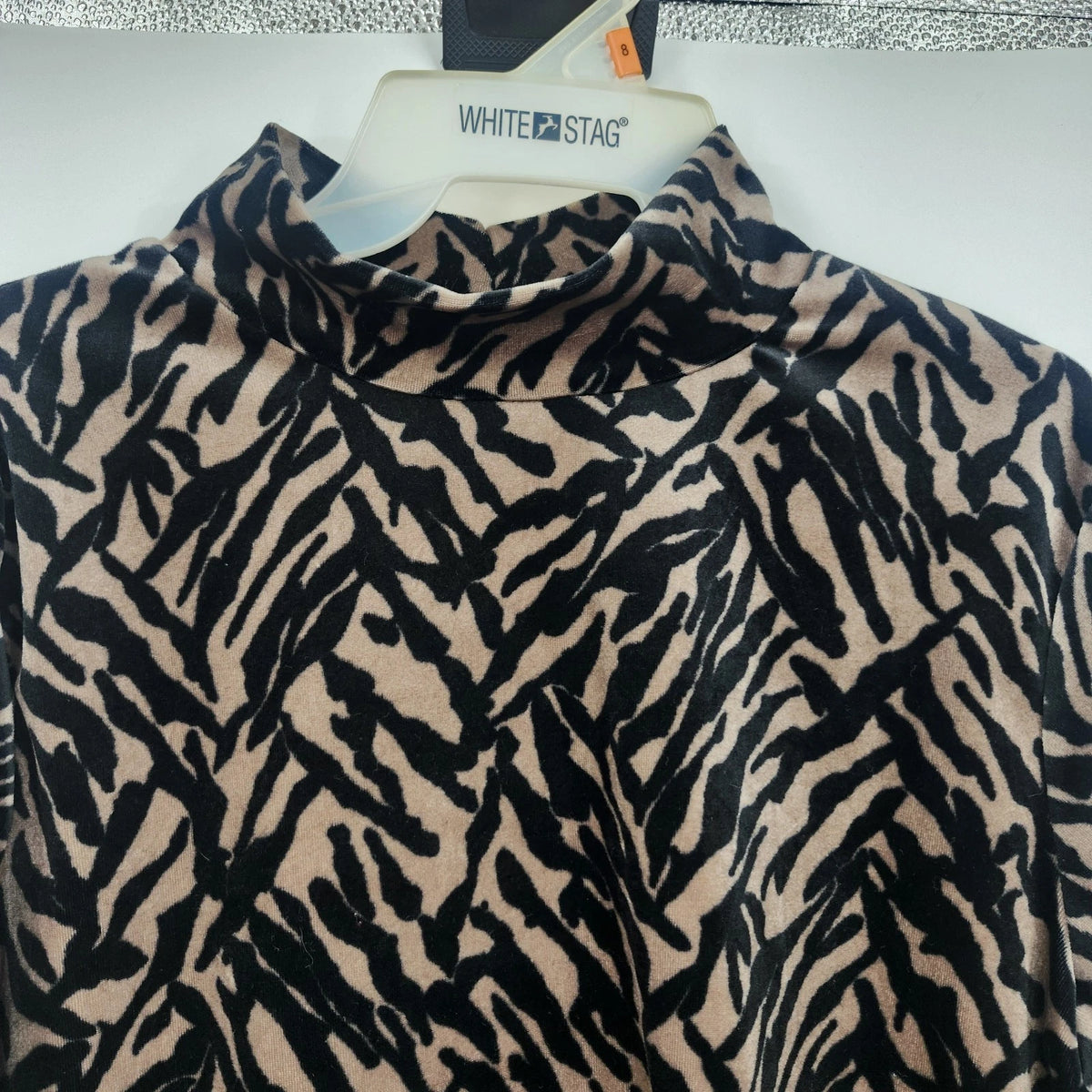 SML Sport Women's Large Zebra Print Velvet Mock Neck Top Black Tan Polyester USA