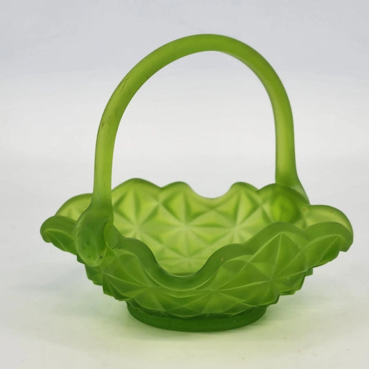Westmoreland Green Satin Glass Basket Diamond Point Ruffled Candy Dish 6.5" Vtg