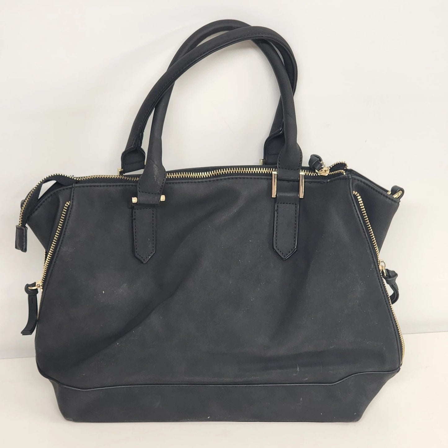 Massini Black Faux Leather Tote Handbag 16in Gold Tone Zipper