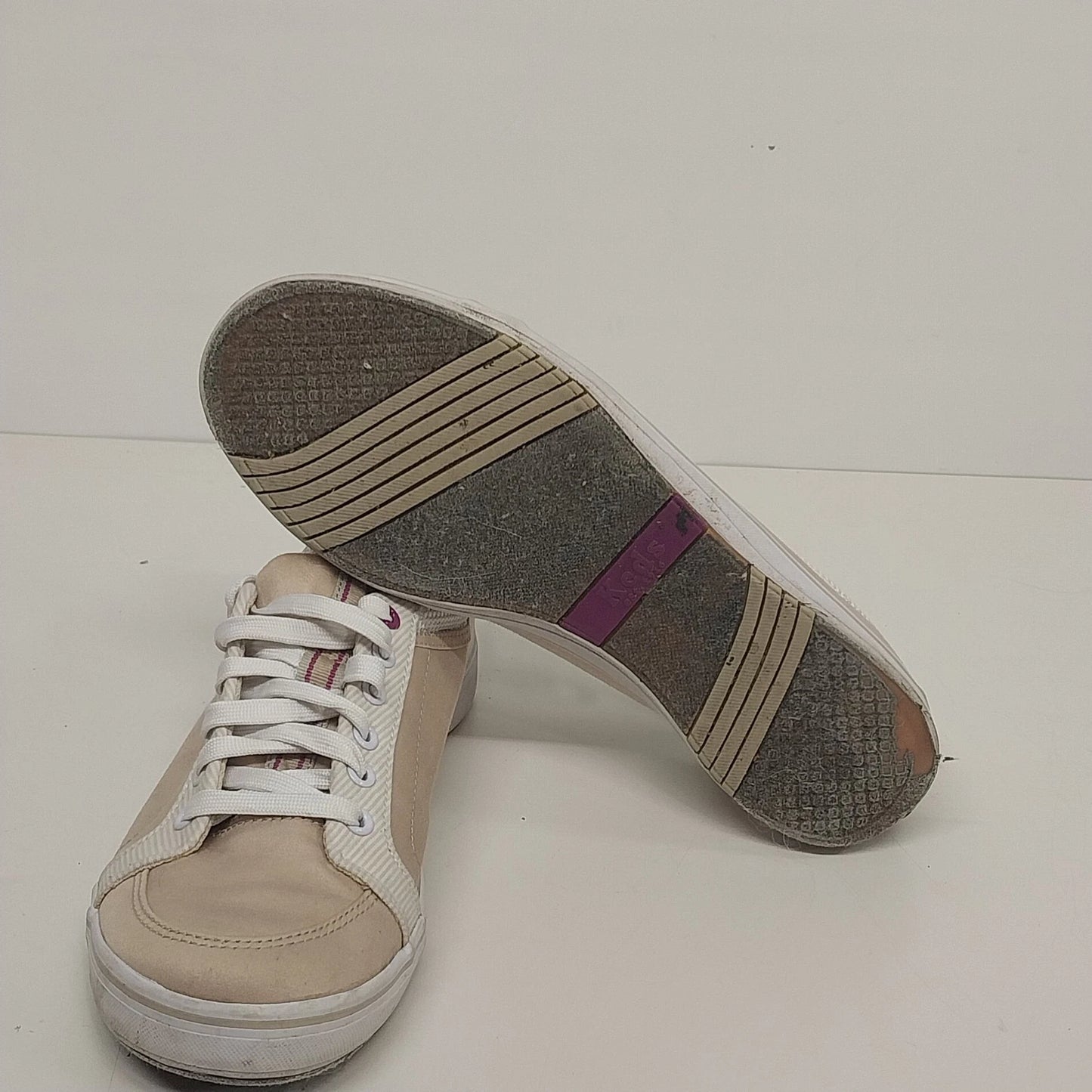 Keds Canvas Sneakers Women Size 8.5 Tan Plum Lace Up Ticking Stripe Casual Shoes