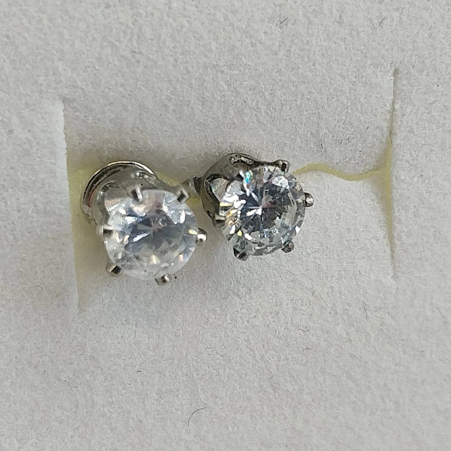 Round Clear Crystal Solitaire Stud Earrings Six Prong Silver Tone