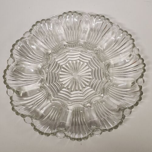 Clear Glass Deviled Egg Plate Dish Scalloped Rim Anchor Hocking 10 inch Vintage