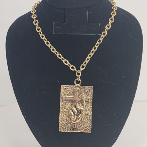 Gold Tone Rectangle 2" x 1.5" Pendant Necklace Cross & Praying Hands 17" Chain