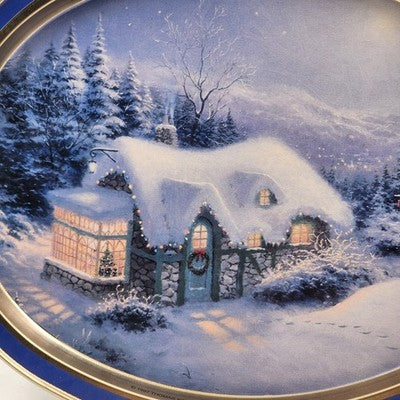 Thomas Kinkade Christmas Winter Cozy Cottage Scene Oval Tin Tray 14.5x11.5" 1997