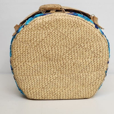Woven Raffia Hat Box Suitcase Train case Blue Floral Travel 16" Boho Vintage