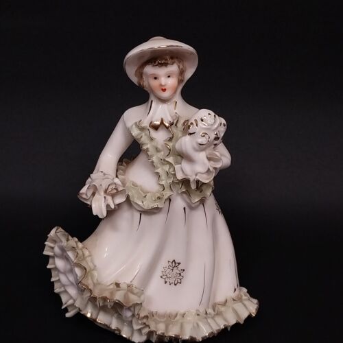 Victorian Girl Porcelain Figurine 2064 White w Mint Green Fringe Gold Gilt Vtg