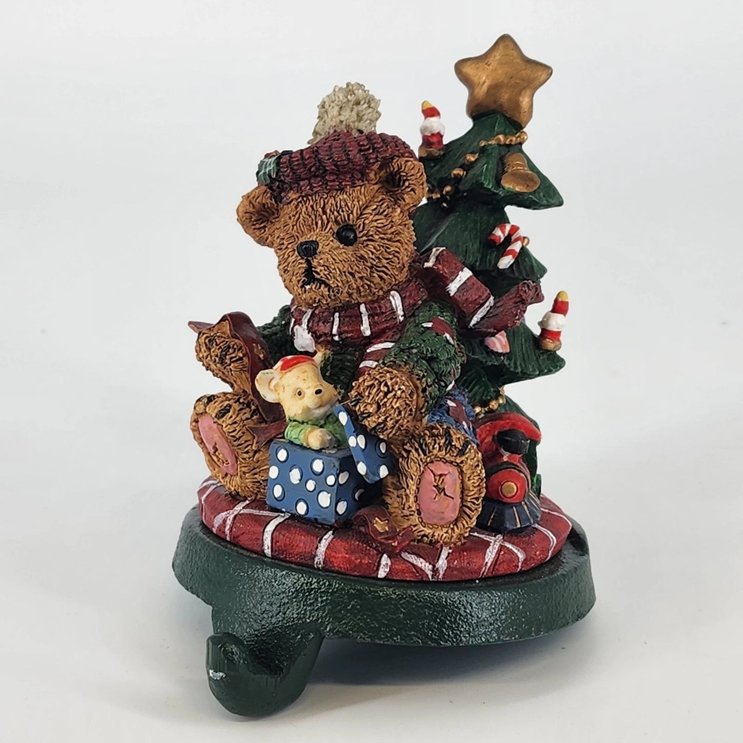 Christmas Stocking Holder Granduer Noel Bear & Tree Cast Iron Base Figural 4.75"