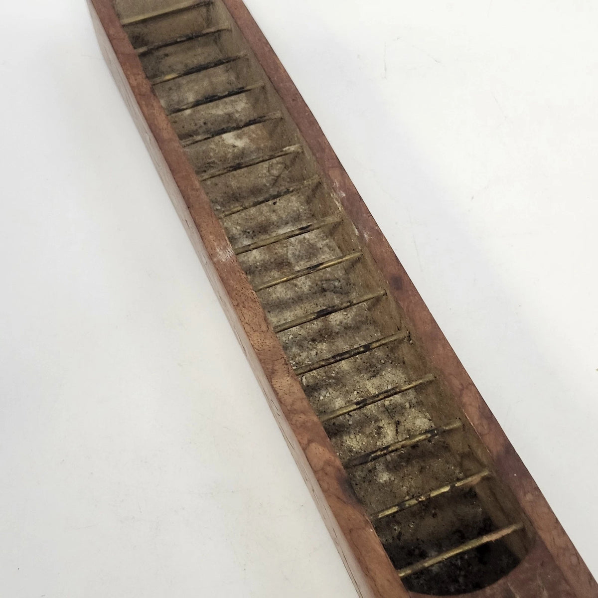 Indian Natural Wood Incense Burner 12.5" Brass Inlay Om Symbol Ash Catcher Vtg