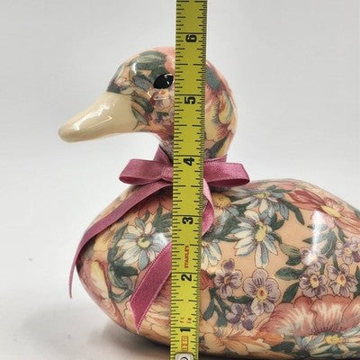Duck Decoy Floral Decoupage Decorative Porcelain w Display Ribbon Felt Base 8.5"