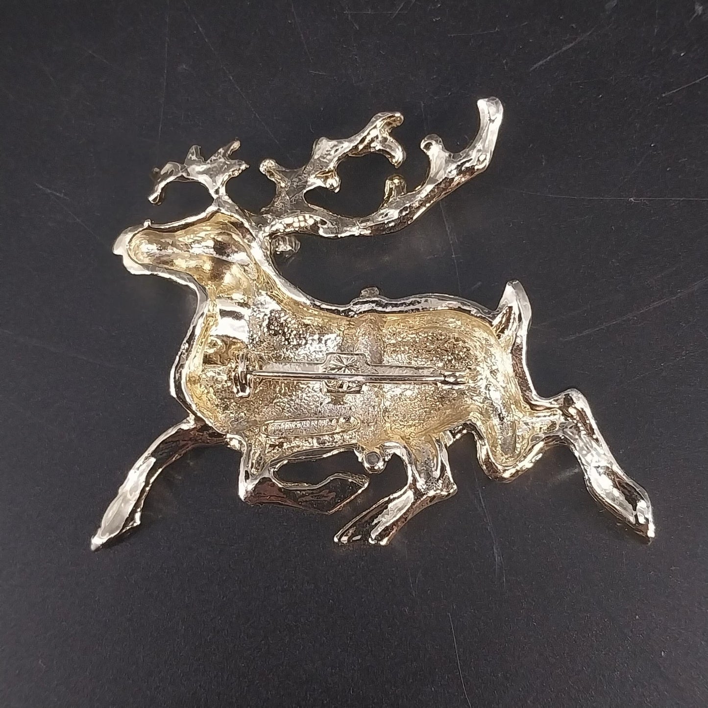 Reindeer Brooch Gold Tone Red Green Rhinestone Christmas Pin 2.5"x2" Vtg Holiday