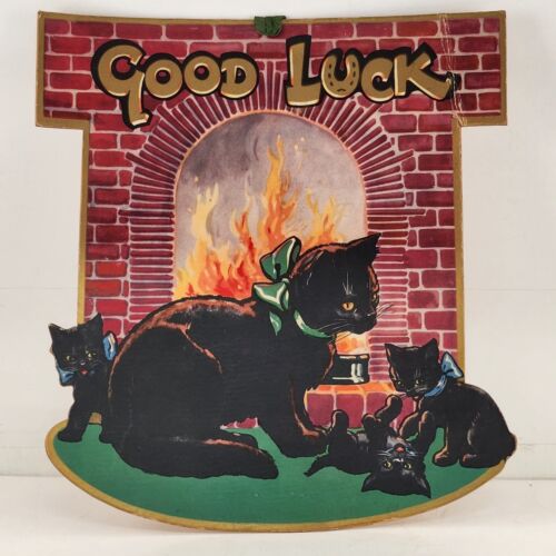 Raphael Tuck 10" Black Cat 1950s Cardboard Plaque Good Luck Art England Vintage