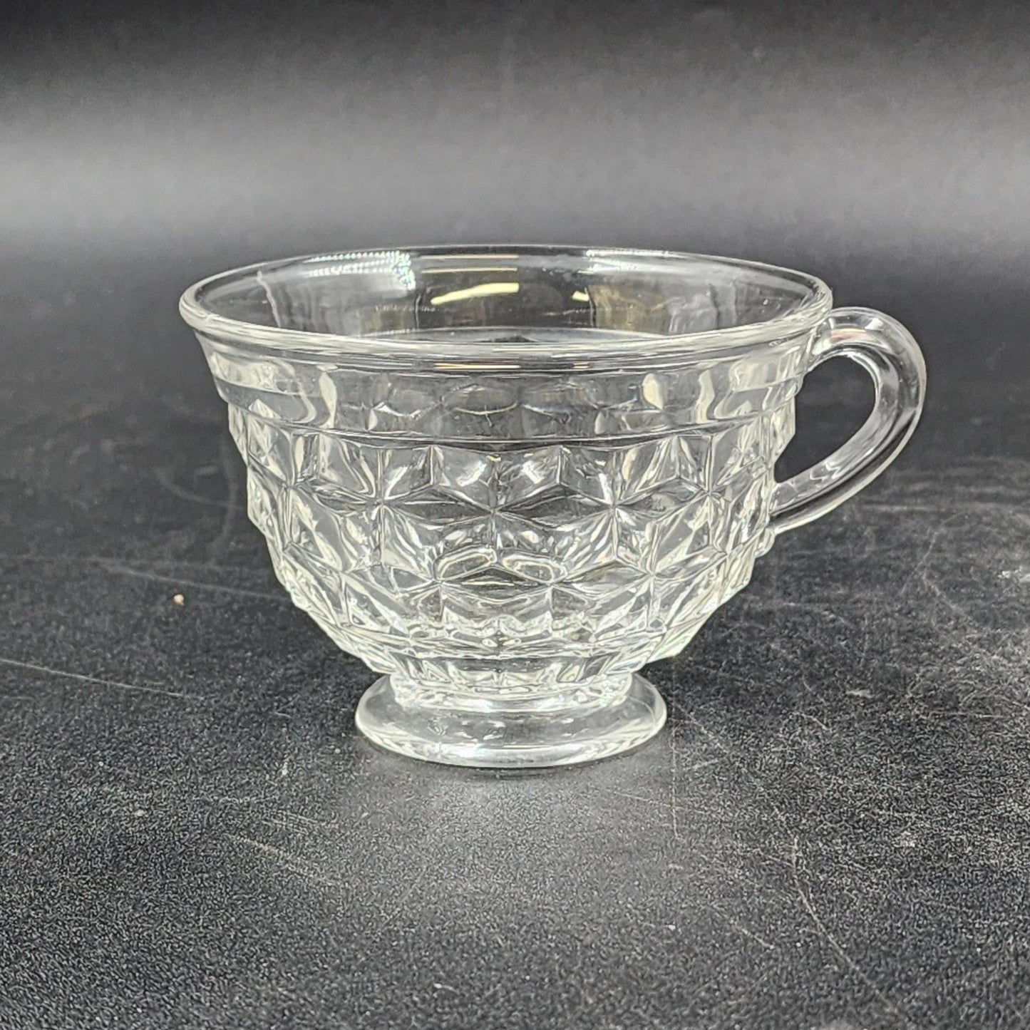 Fostoria American Clear Coffee Cup & Saucer Cubist Design Pressed Glass Vintage