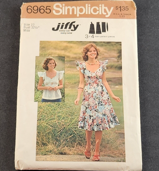 Simplicity 6965 Vintage Sewing Pattern 1975 Misses Pullover Dress or Top Sz 10