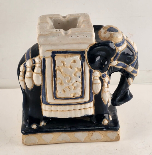 Blue Elephant Ashtray Hollywood Regency Chinese Glazed Ceramic Vintage 5.5" Tall