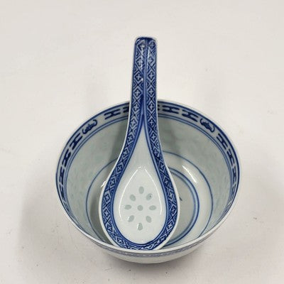 Blue White Chinese Porcelain Bowl & Spoon Set Rice Grain Motif