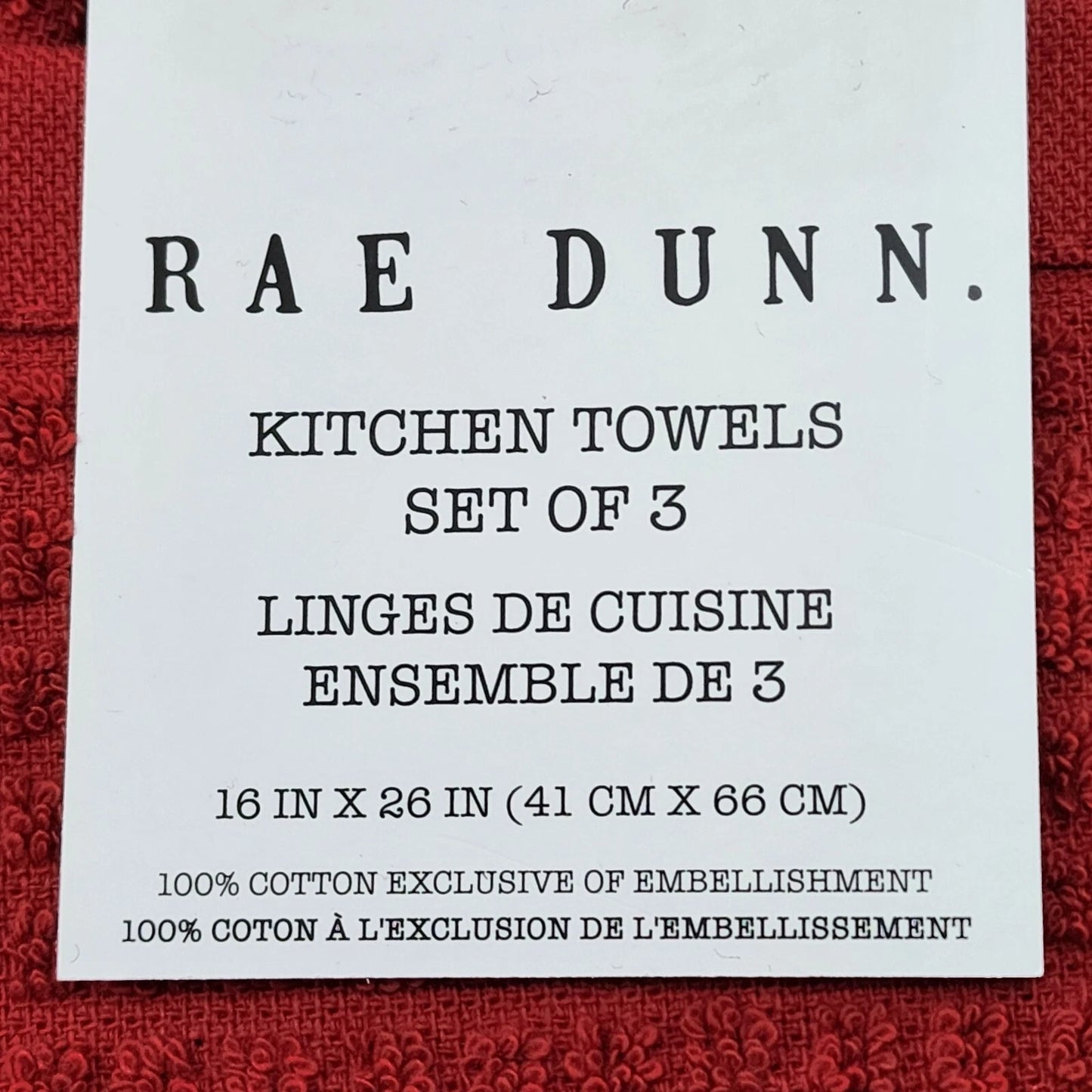 3 Rae Dunn Christmas Red Kitchen Towel Embroidered Peace Joy Believe 100% Cotton