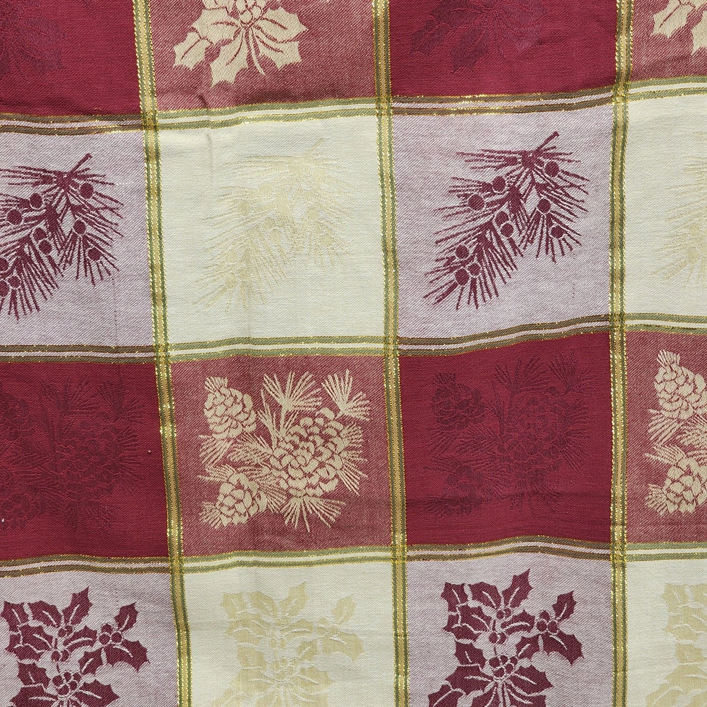 Large Plaid Christmas Tablecloth Red White Gold Metallic Thread 82x60 Pine Tree