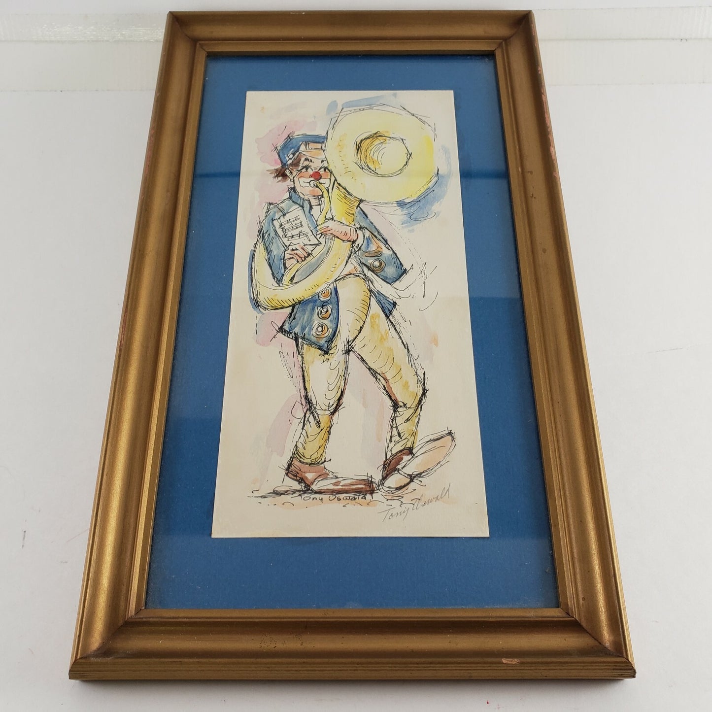 Framed Print Sketch of Clown Playing Big Horn Blue Watercolor Tony Oswald Signed