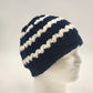 Handmade Crochet Messy Bun Beanie Hat Navy Blue White Striped Ponytail Cap New