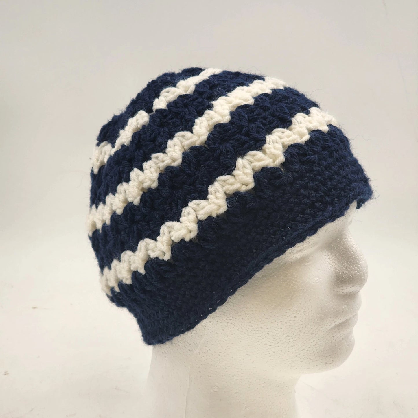 Handmade Crochet Messy Bun Beanie Hat Navy Blue White Striped Ponytail Cap New