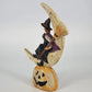 Halloween Witch w Broom & Cat on Crescent Moon Resin Figurine Jack O’ Lantern 9"