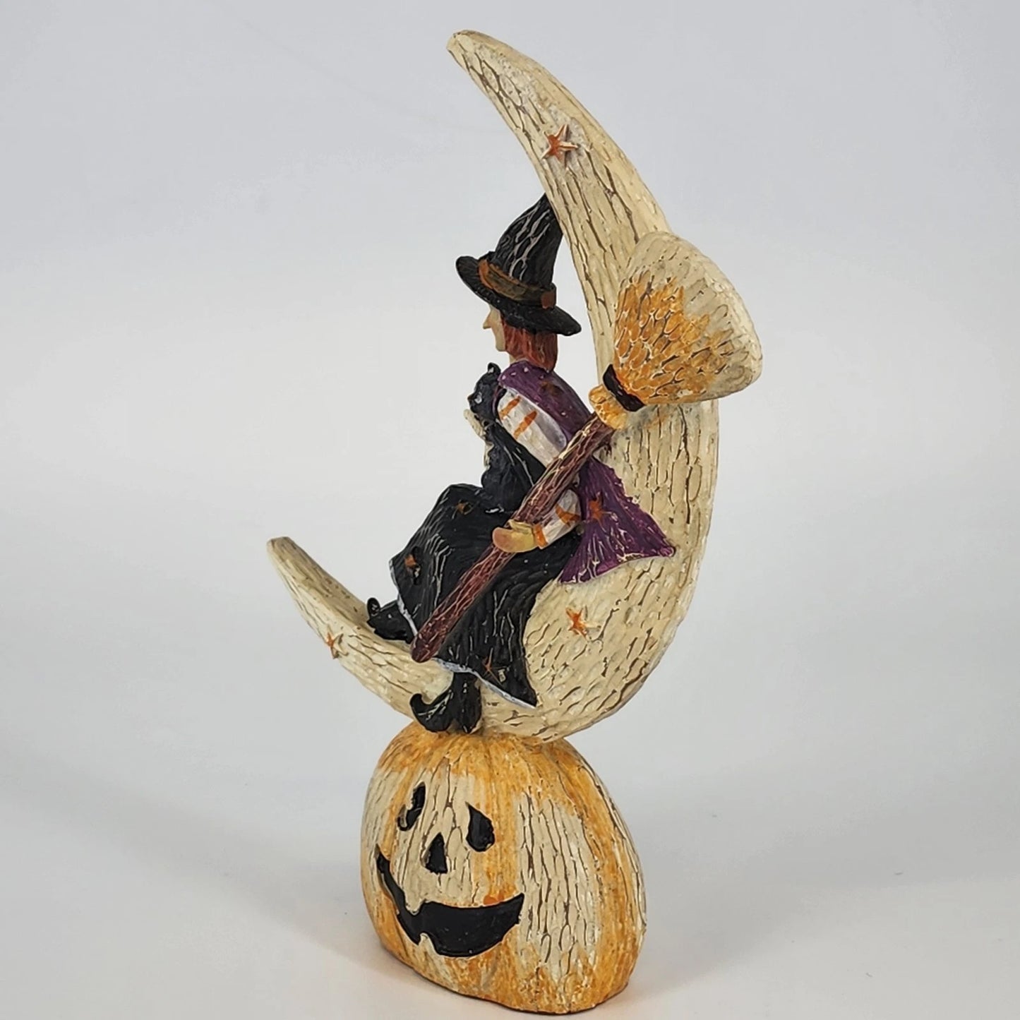 Halloween Witch w Broom & Cat on Crescent Moon Resin Figurine Jack O’ Lantern 9"