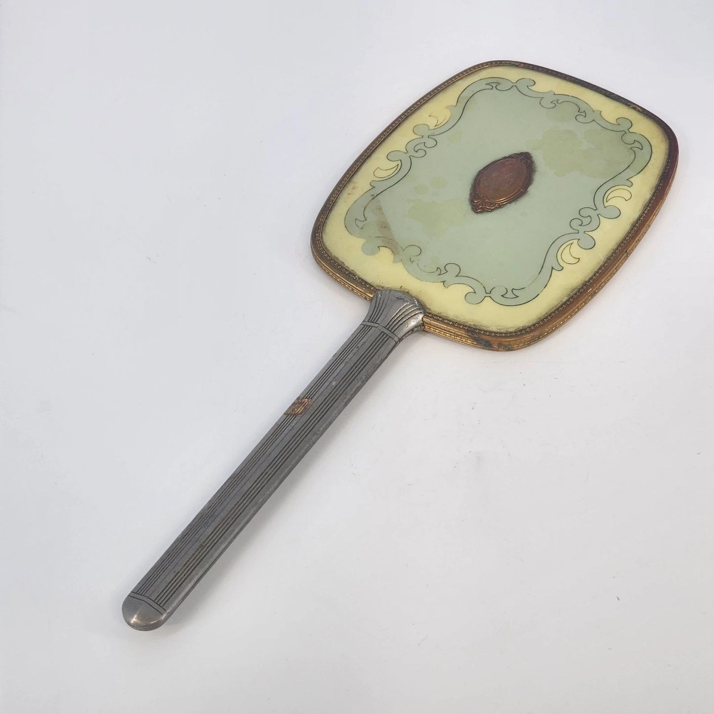 Yellow Green Enamel Hand Mirror 12 Inch Cameo Vintage