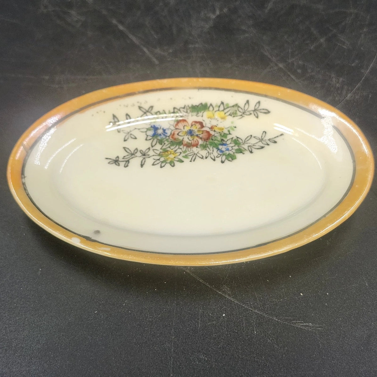 Porcelain Oval Serving Dish 5" Hand Painted Floral Orange Black Trim Japan