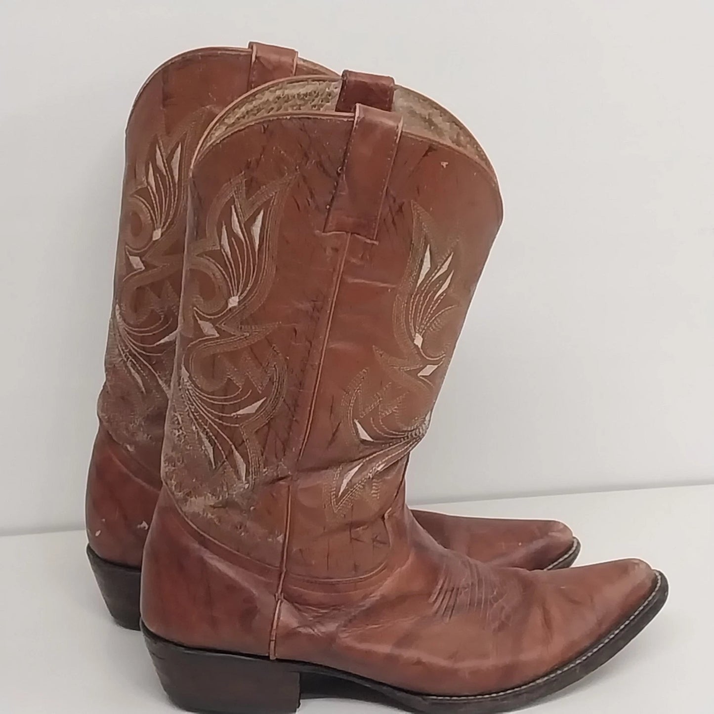 Israel Brown Leather Cowboy Boots Embroidered Western Men's Size 8.5 Made Mexico
