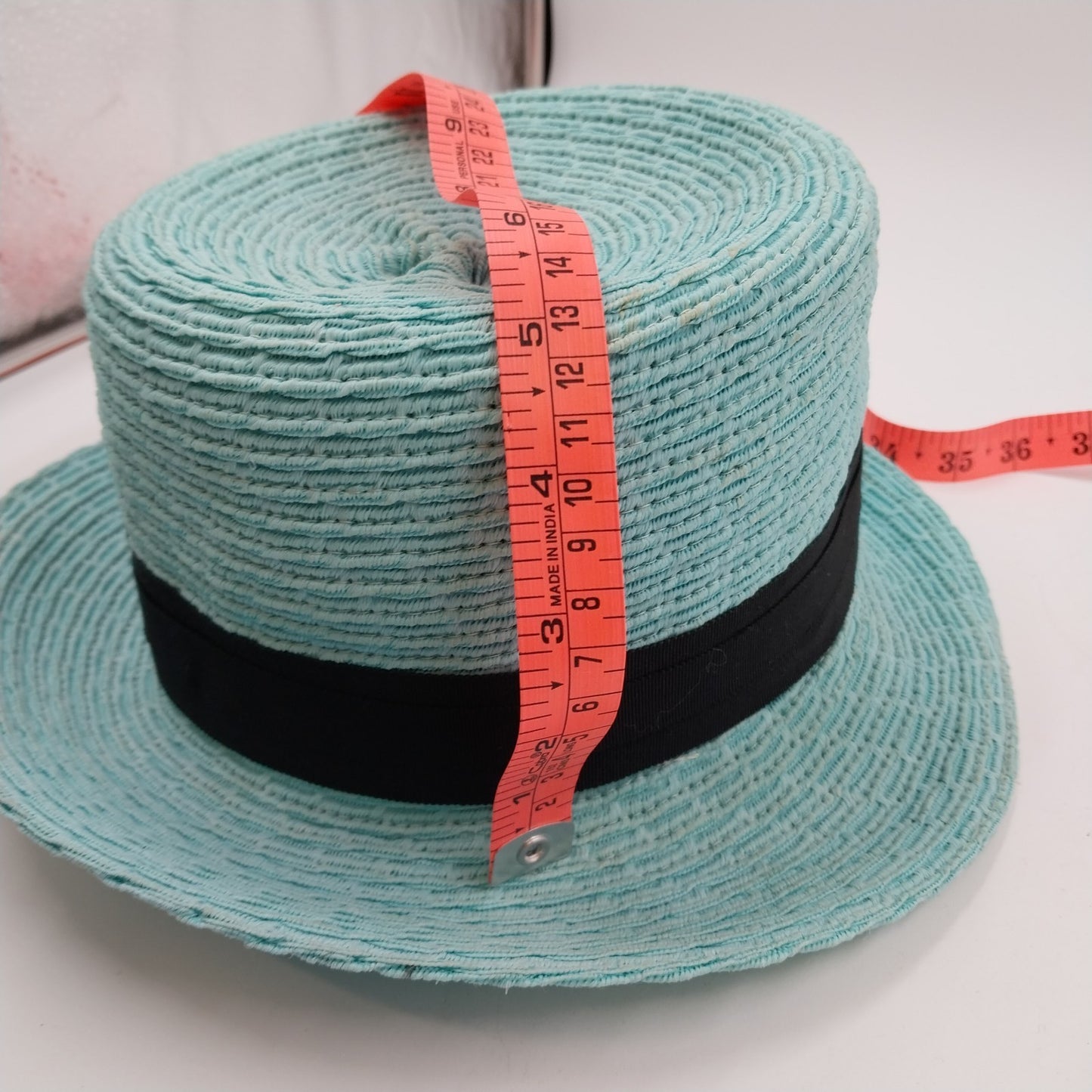 Rike's Light Blue Teal Woven Paper Straw Summer Hat with Black Ribbon Bow Accent
