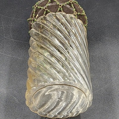 Clear Glass Swirl Decorative Jar w Carved Wood Fleur De Lis Lid & Beaded Chain