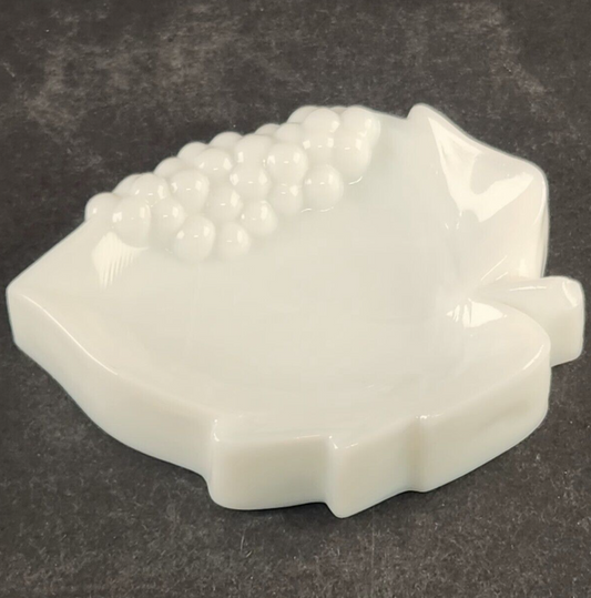 Imperial Glass White Milk Glass Trinket Dish Grape Leaf Spoon Rest Vintage 4.75"