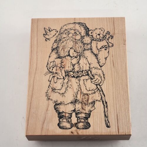 2 Rubber Stamps Wooden Mounted Santa w Animals and Fir Tree Patterns Vintage