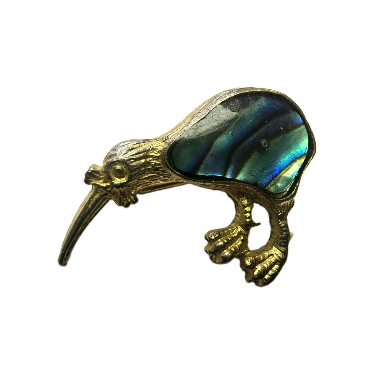 New Zealand Paua Abalone Shell Kiwi Bird Brooch Pin Gold Tone 1" Vintage Jewelry