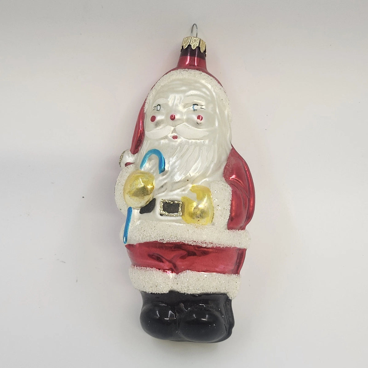 Santa Claus Hand Painted Blown Glass Christmas Hanging Ornament 5.25" Candy Cane