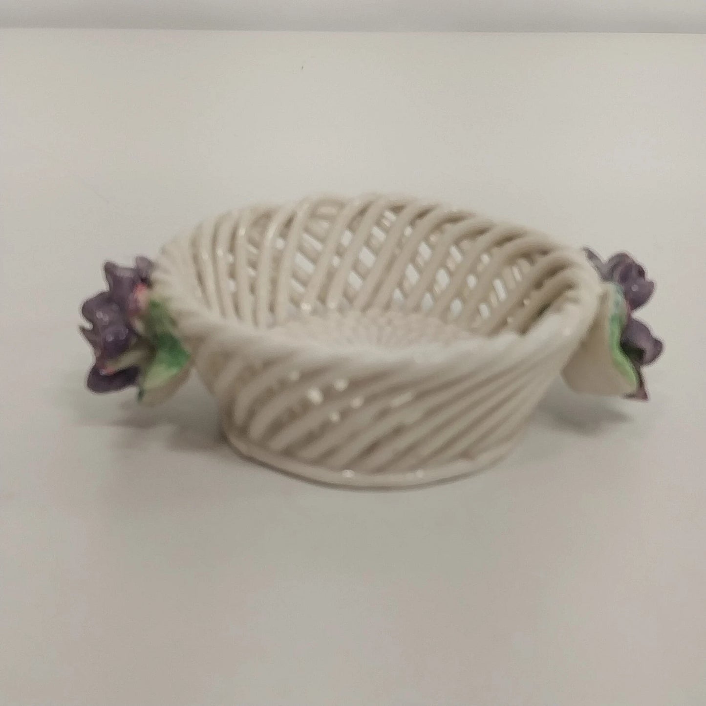 Italian Ceramic Lattice Trinkets Baskets Purple Violets Floral Pair 3" Vintage