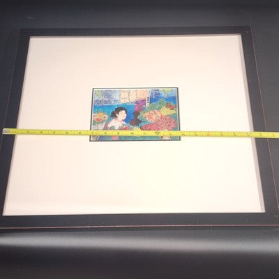 Asian Lady in Flower Shop Art Print 7x5" White Matted Black Wood 20.5"x19" Frame
